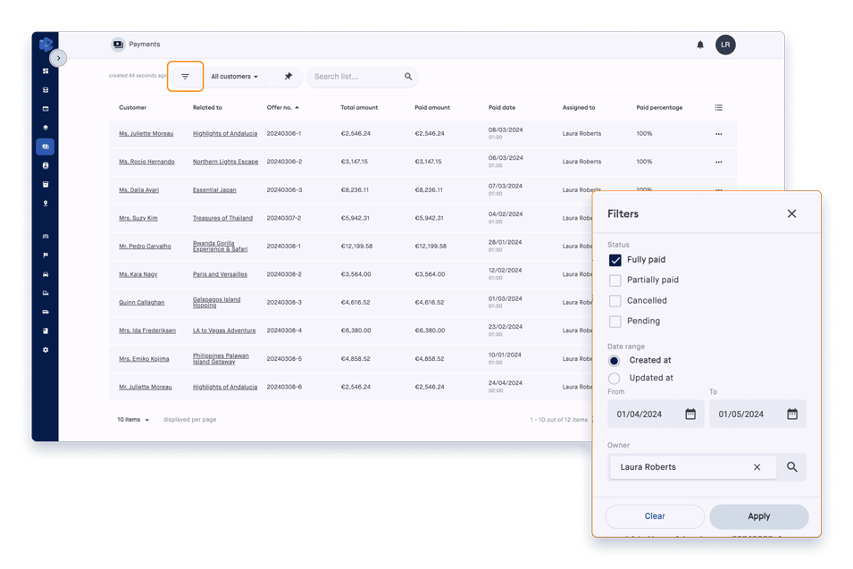Payemnt list travel agency software